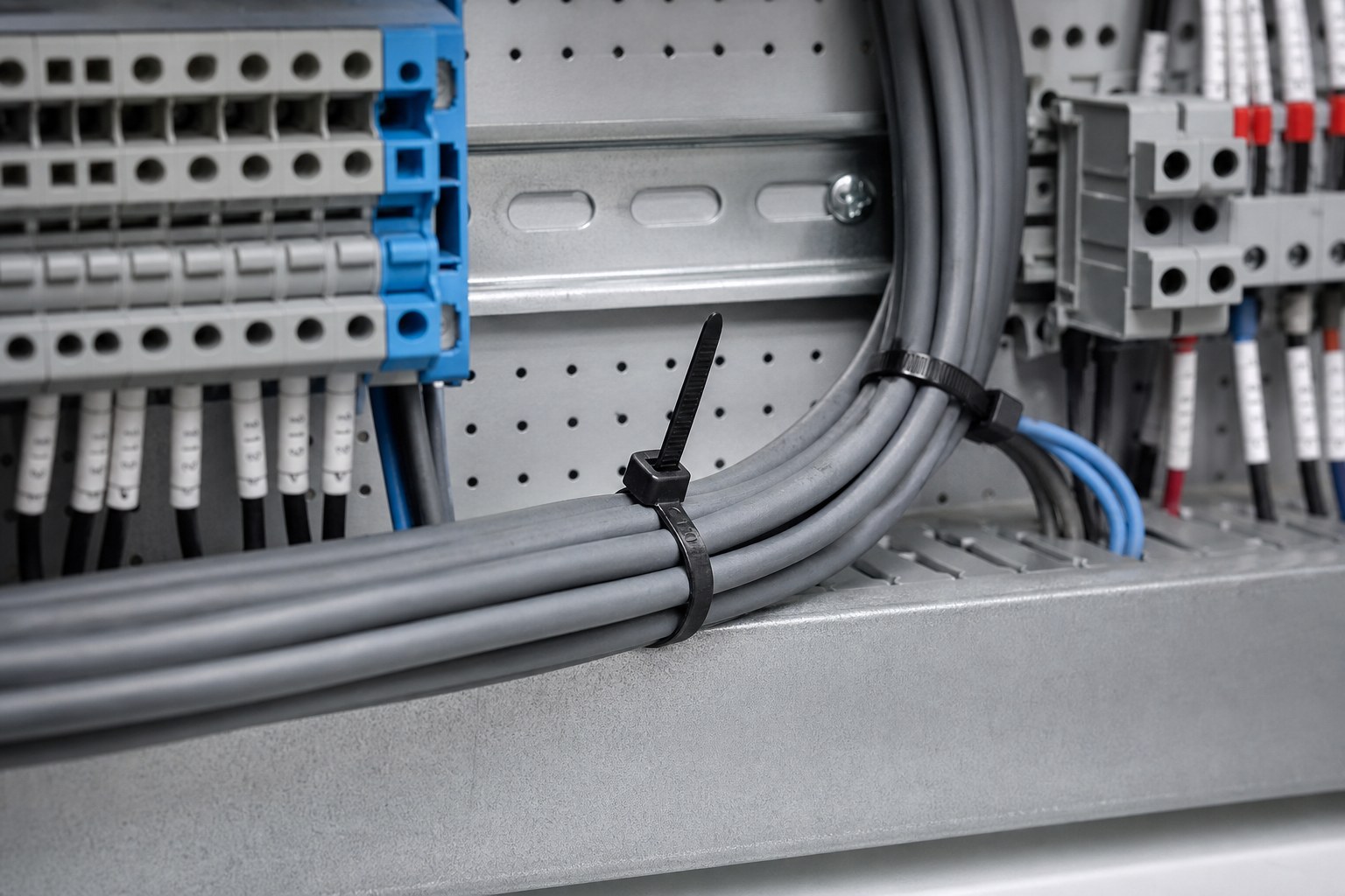 Loose cable loop routed into controlled bundle inside electrical panel with black nylon cable tie