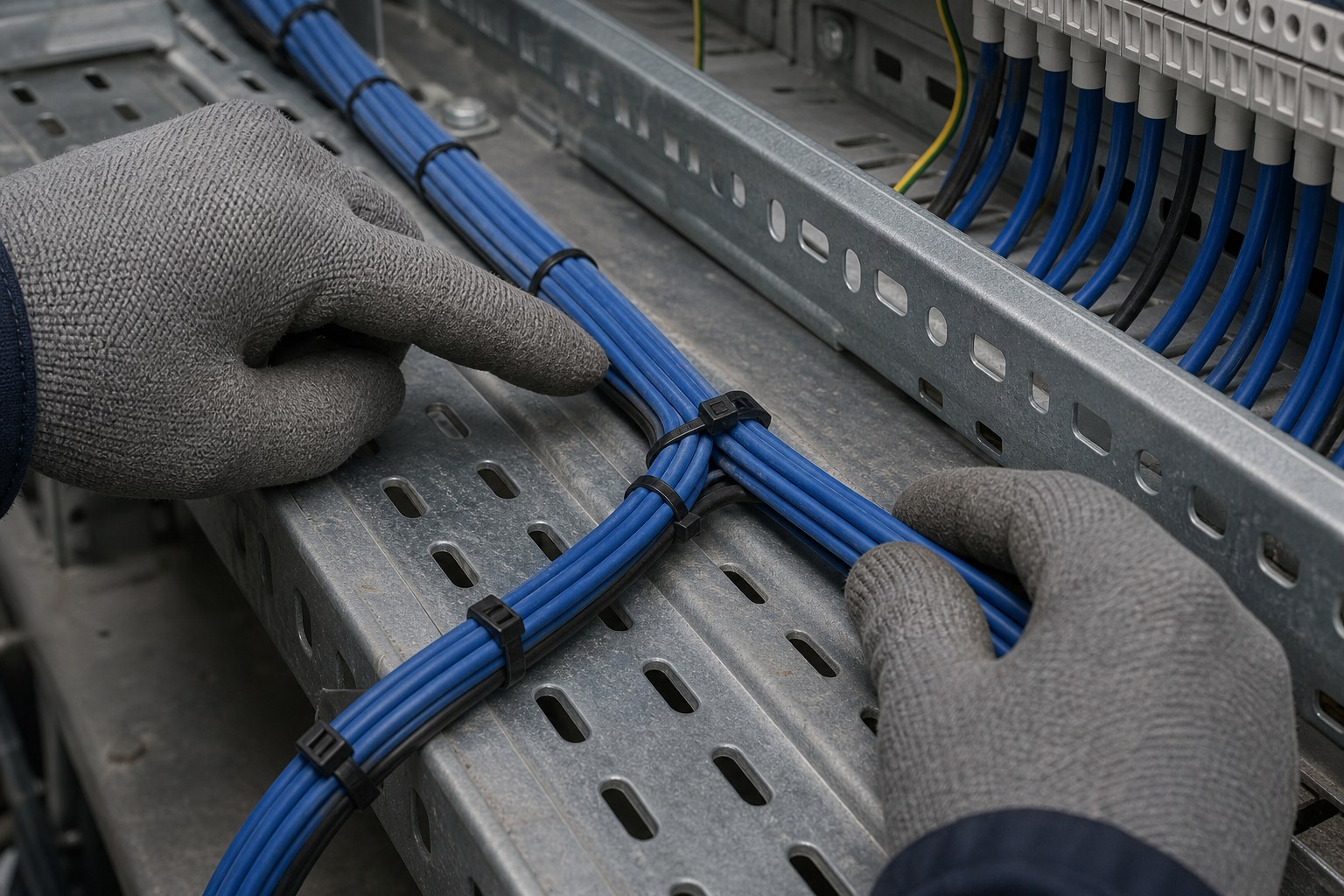 Technician inspecting cable tie spacing at loose cable bundle branch point