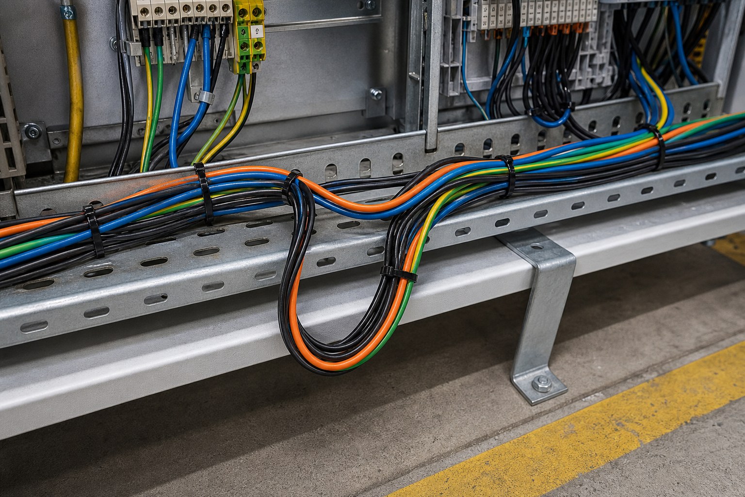 Loose cable bundle sagging in galvanized cable tray with uneven tie spacing