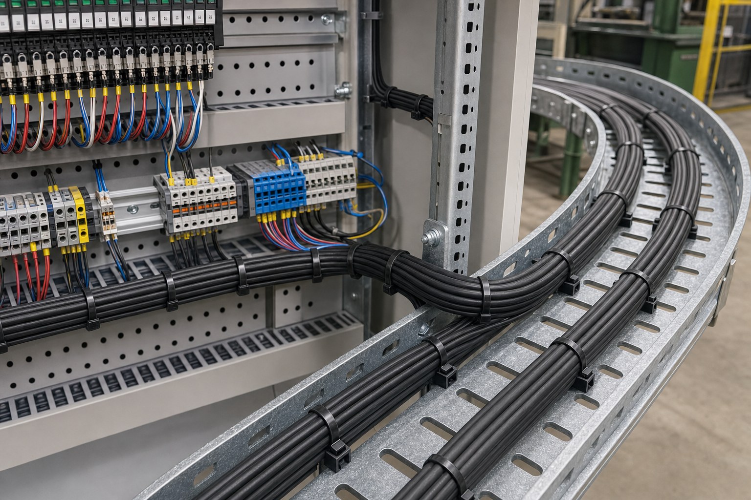 Finished loose cable bundle control in industrial control cabinet and cable tray route
