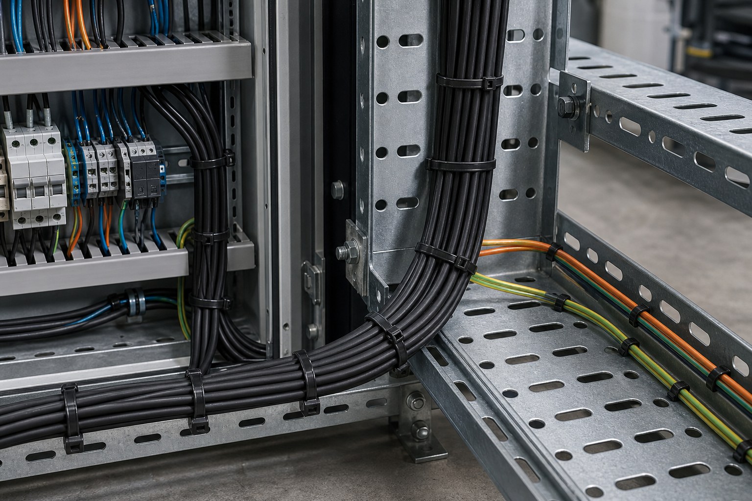 Loose cable bundles organized in control cabinet and cable tray with black nylon cable ties