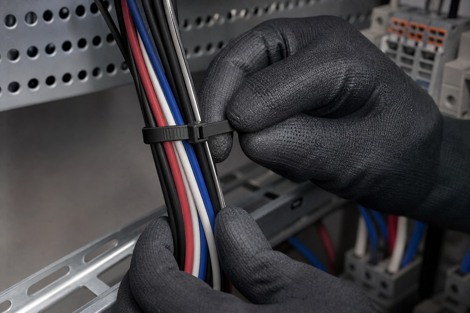 Gloved installer feeding black nylon cable tie tail through one locking head around wire bundle