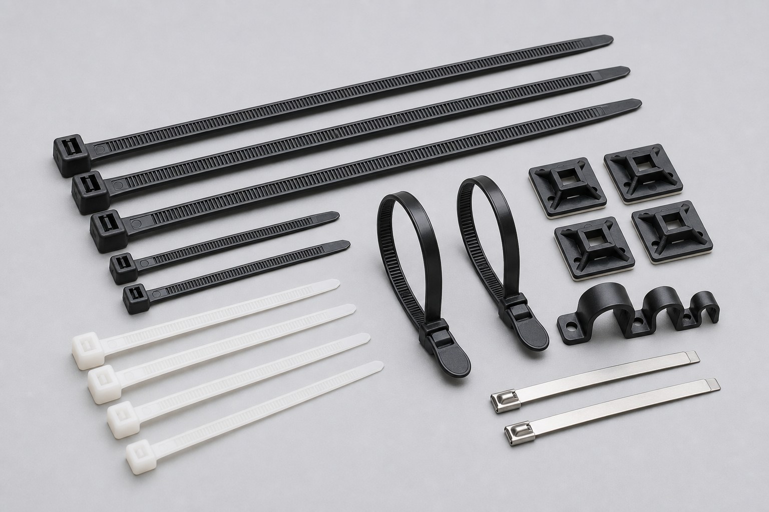 Loose bundle cable tie product combination with nylon ties mounting bases saddle mounts and stainless steel ties