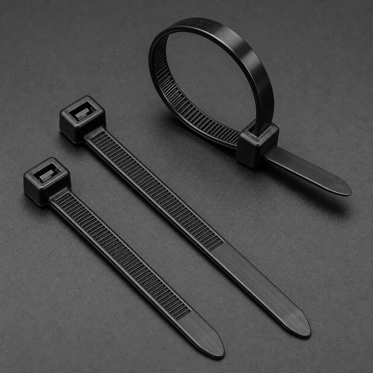 Heavy duty black nylon cable tie head teeth tapered tail and loop detail
