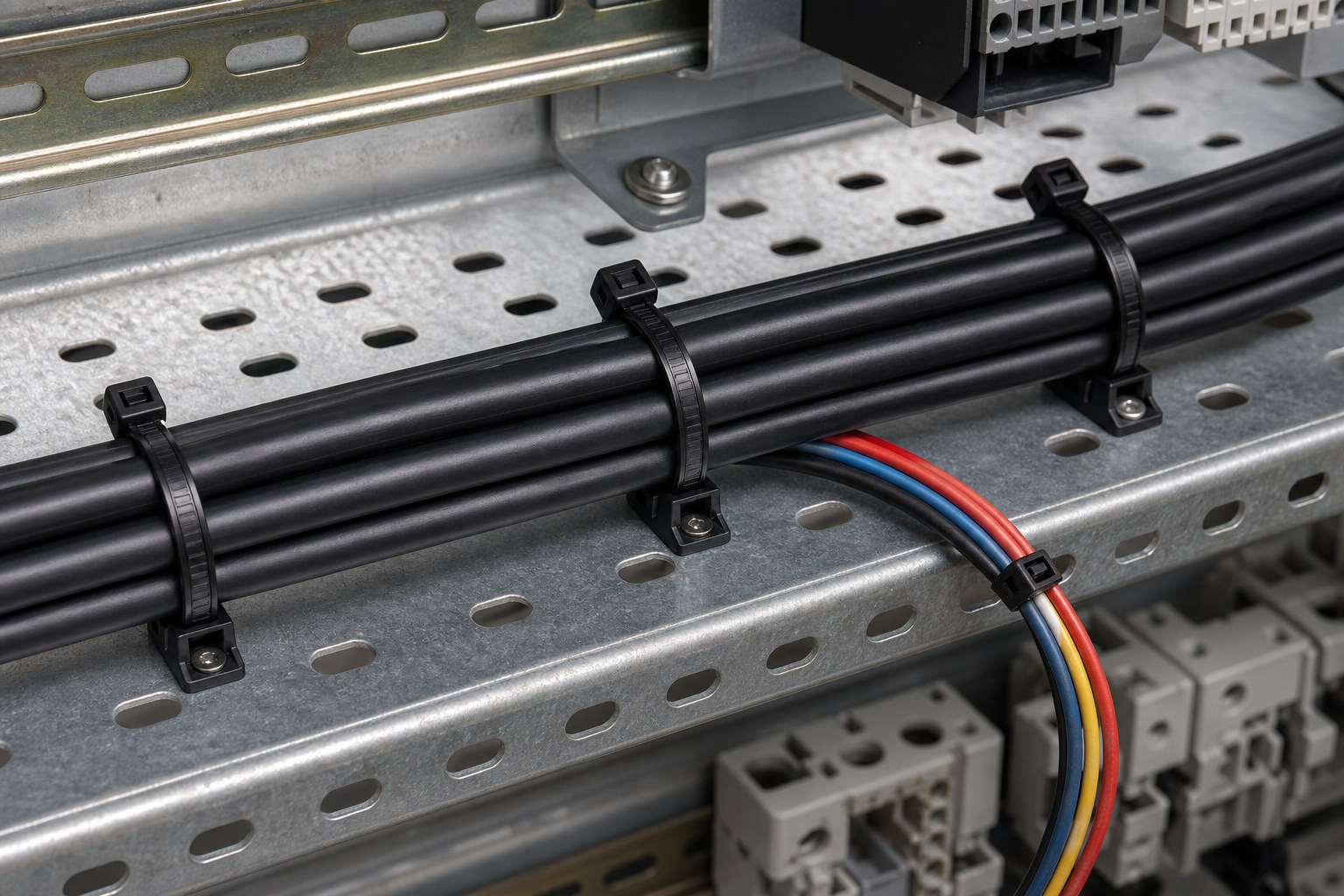 Black cable bundle secured to perforated cable tray with nylon ties and mounting bases