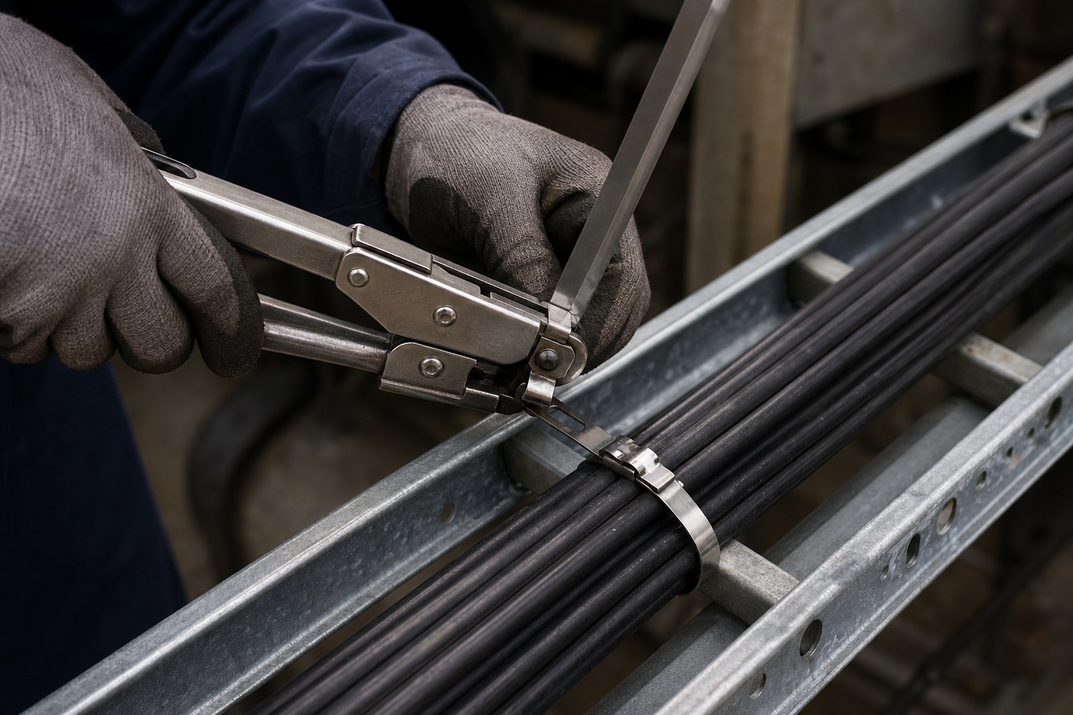 Gloved technician using tensioning tool to install stainless steel cable tie on cable tray