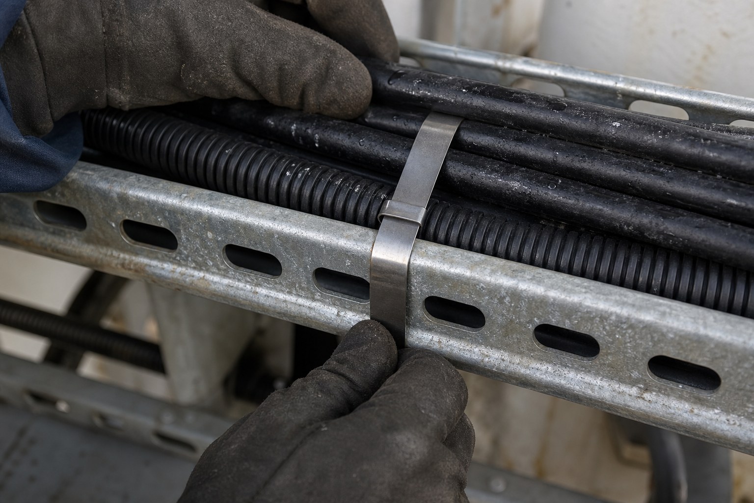 Technician inspecting stainless steel cable tie on marine cable tray cable bundle