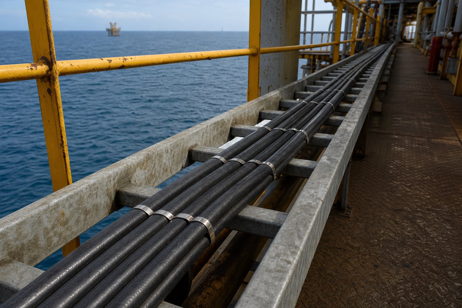 Offshore platform walkway cable tray with stainless steel cable ties on black cable bundle