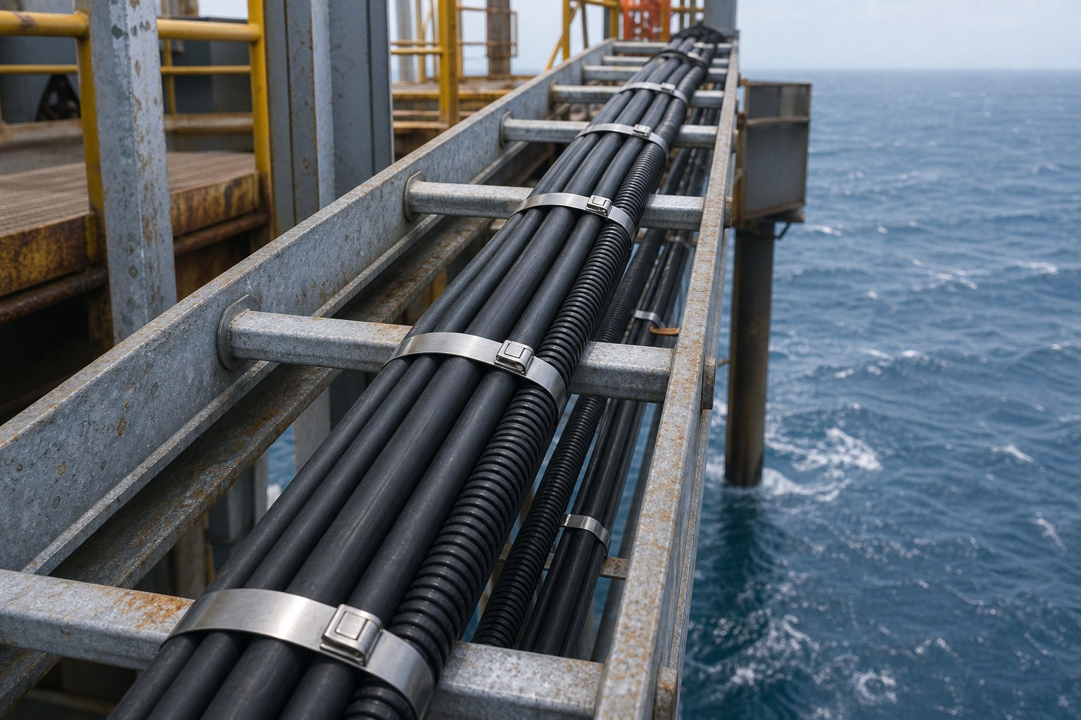 Offshore platform cable tray with stainless steel cable ties securing black marine cable bundles