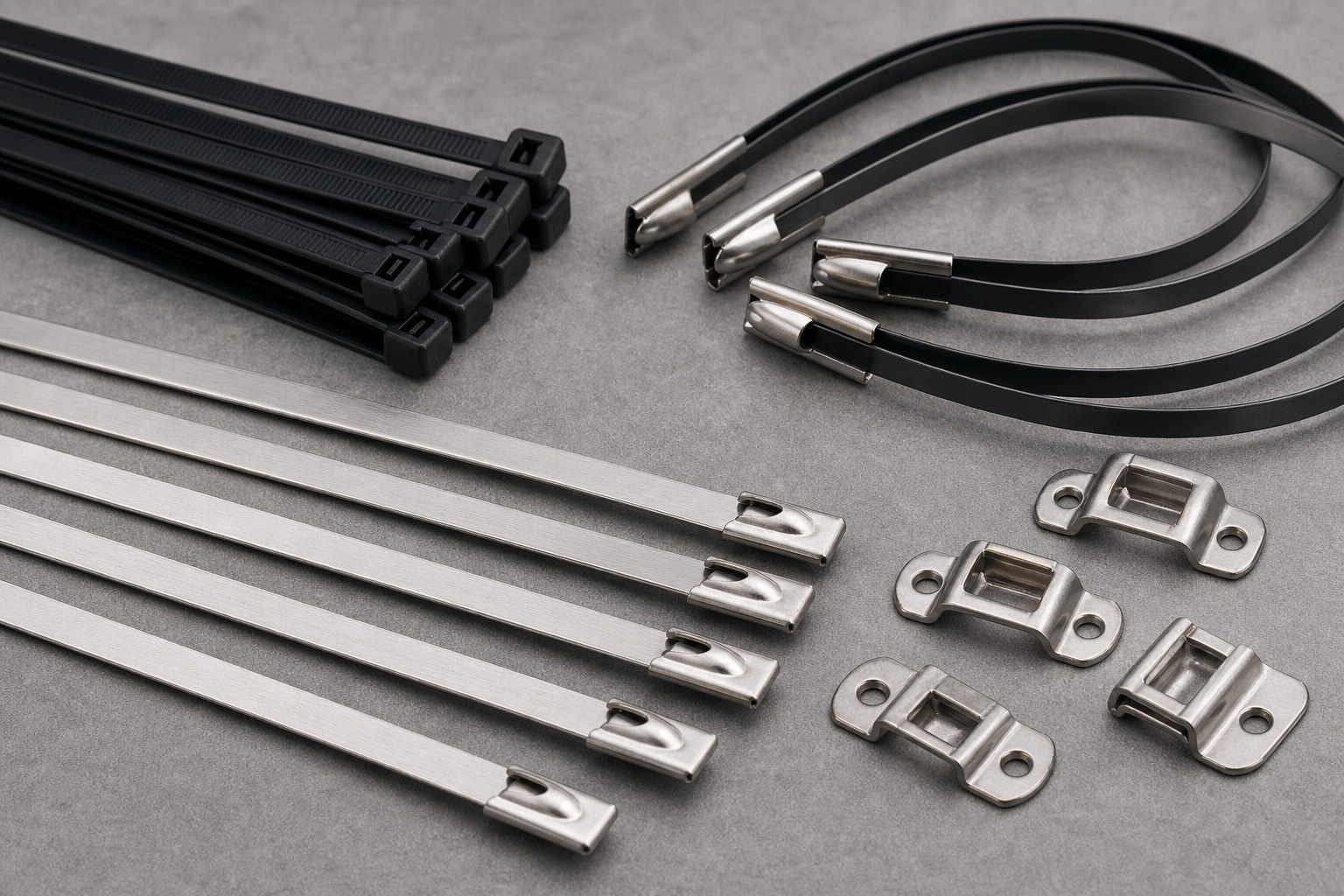 Marine cable tie product combination with stainless steel coated stainless and UV nylon ties