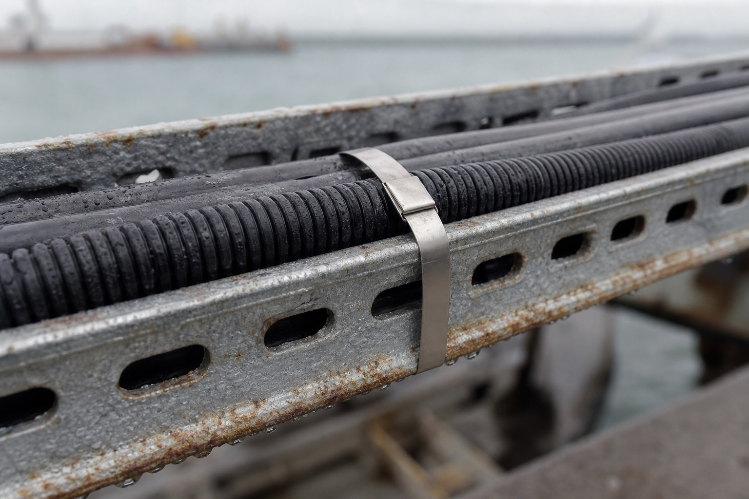 Salt spray exposed marine cable tray with stainless steel cable tie securing black conduit