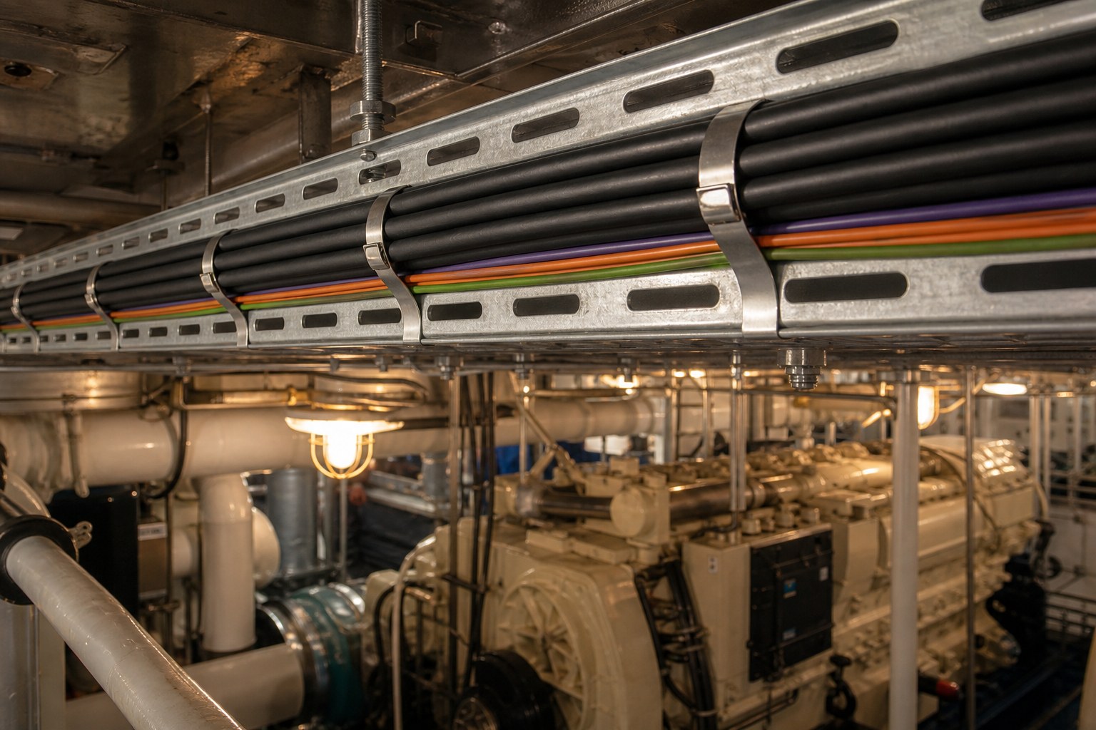 Ship engine room overhead cable tray with stainless steel cable ties holding marine cables