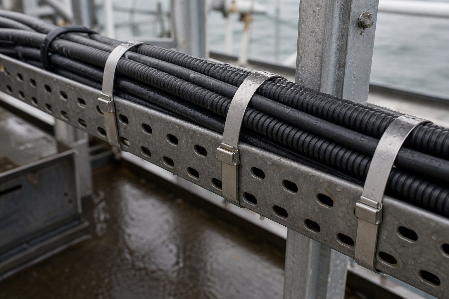 Stainless steel cable ties fastening black corrugated conduit bundle to marine cable tray