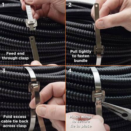 Stainless steel cable tie installation steps around a cable bundle