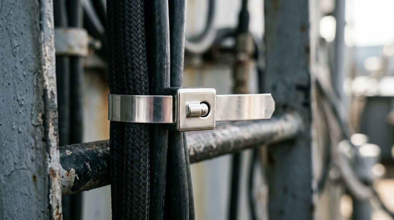Close-up stainless steel cable tie fixing on offshore platform cable and pipe routes