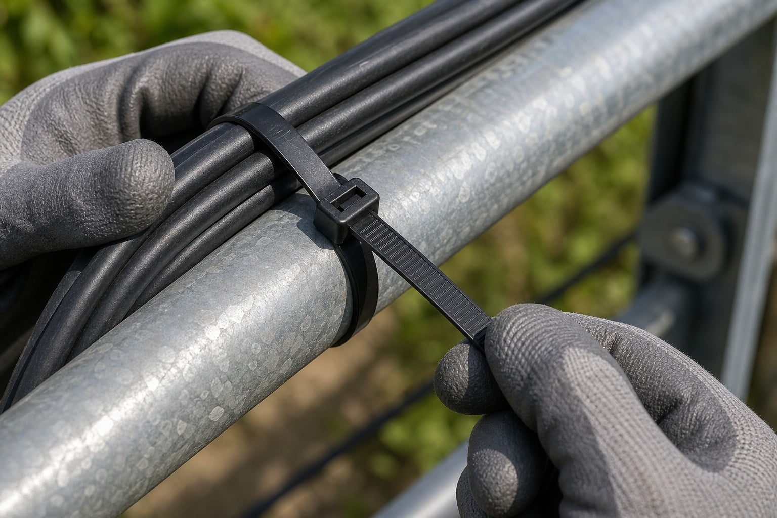 Worker tightening black UV nylon cable tie around outdoor cable bundle and galvanized rail