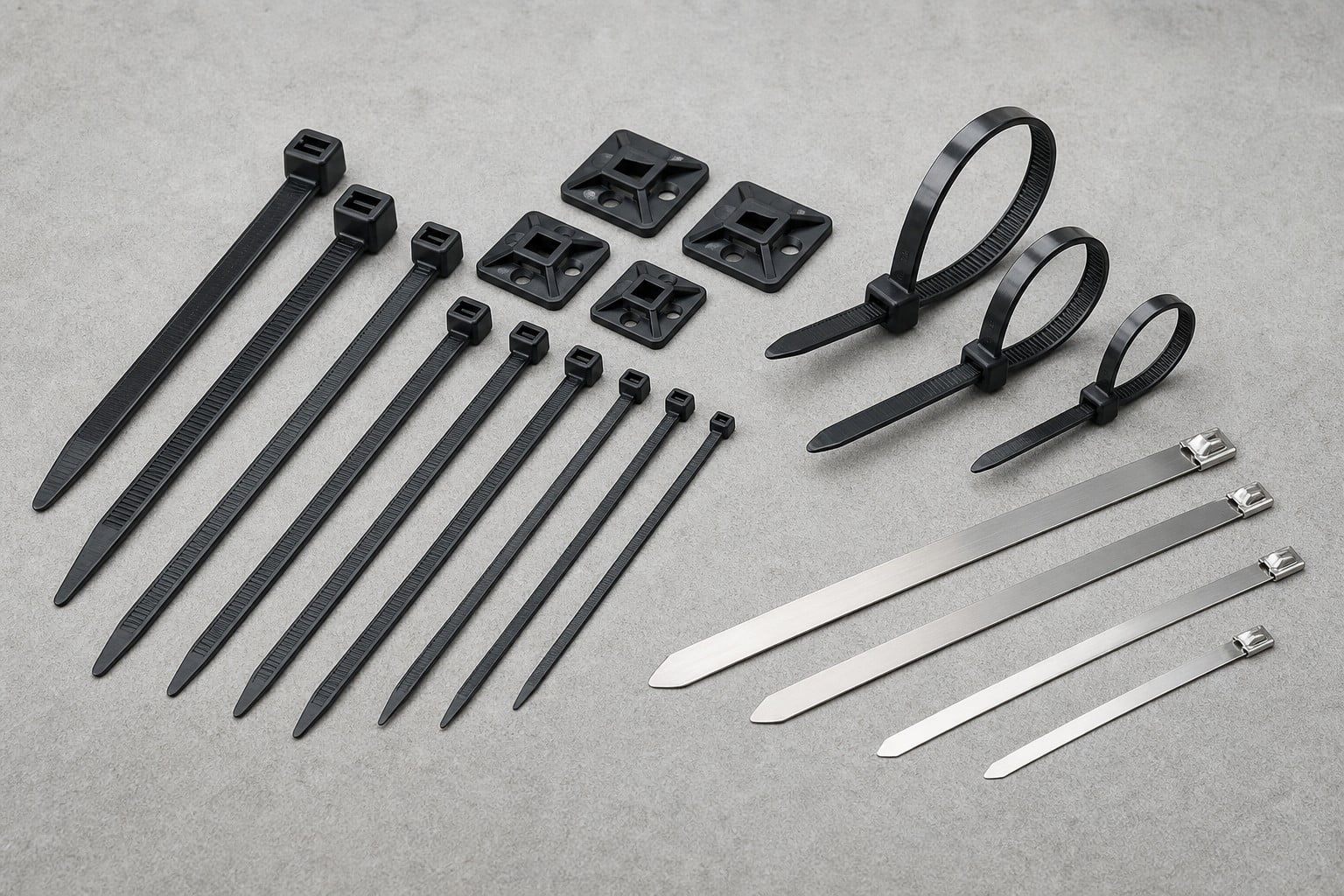 Outdoor cable tie product combination with UV nylon ties mounting bases and stainless ties