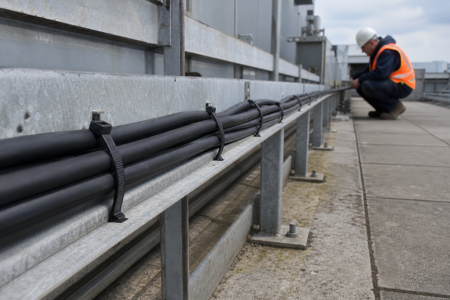 Outdoor rooftop cable route secured with black UV cable ties at consistent spacing