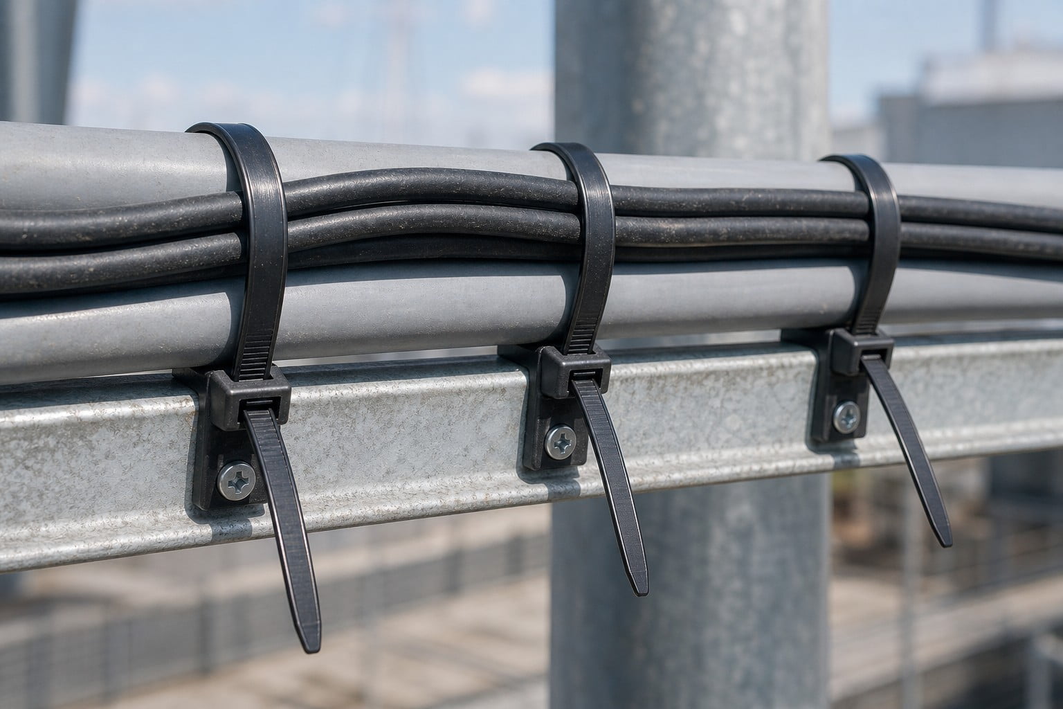 Black UV nylon cable ties through screw-mount bases securing outdoor cable route