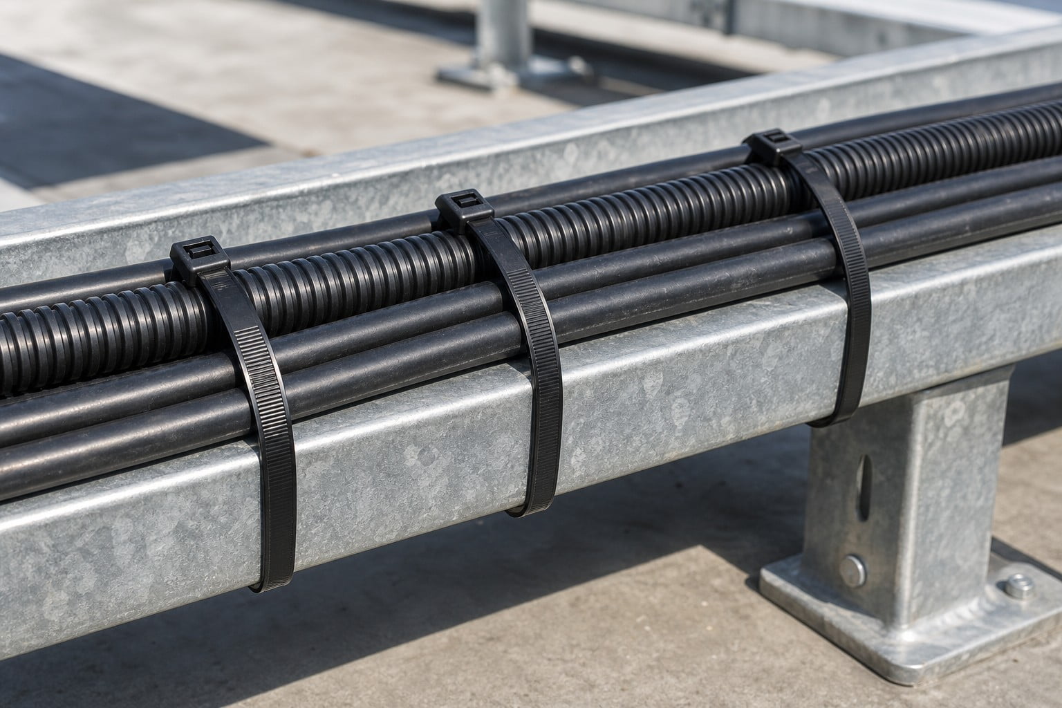 Black UV resistant cable ties securing outdoor cables and conduit on a galvanized rail