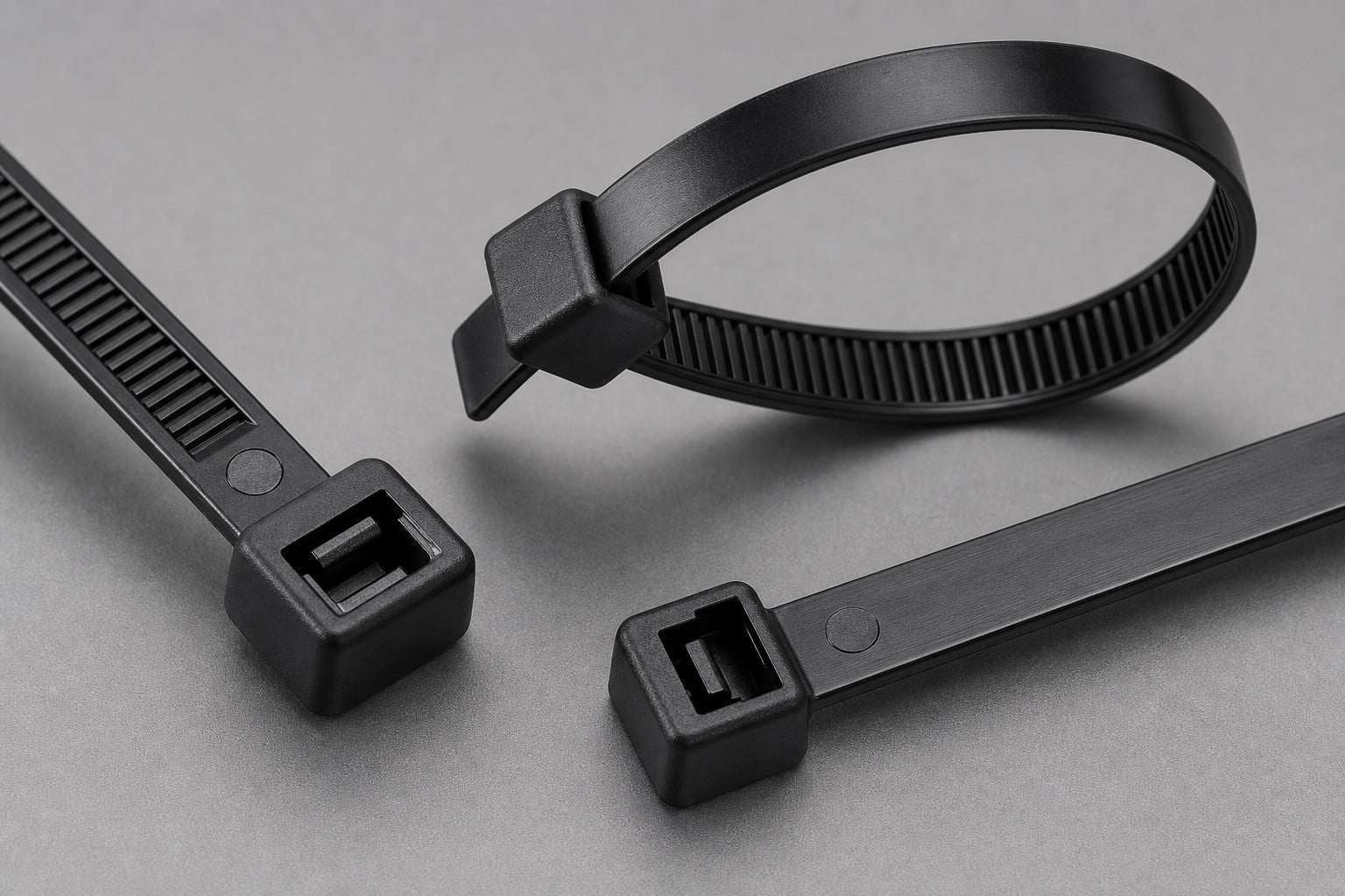 Macro detail of black UV nylon cable tie locking head strap teeth and tapered tail