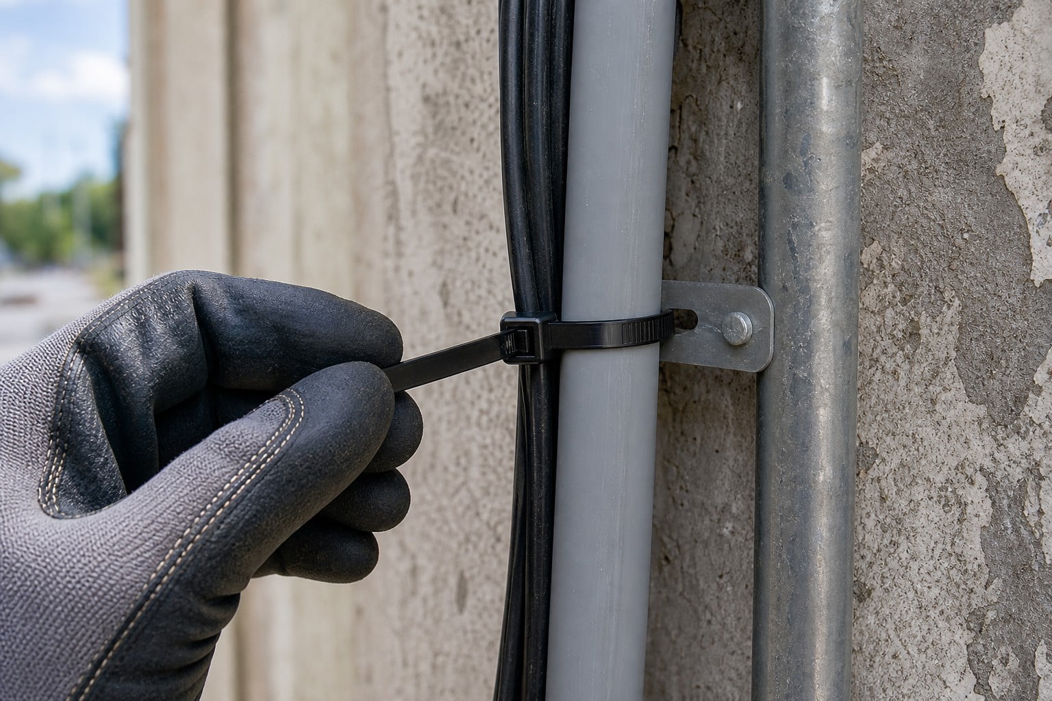Gloved worker tightening outdoor black cable tie around conduit and cable near wall bracket