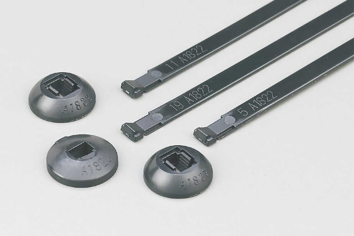 Cable tie mount bases and ties for fixed pipe routing points