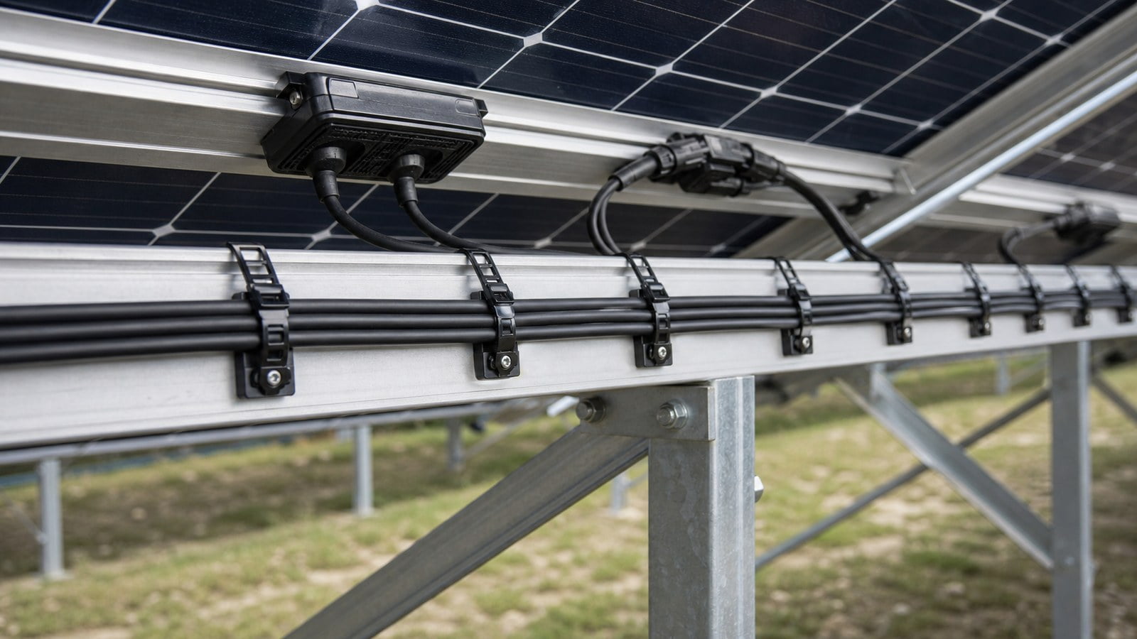 Solar PV cables secured along aluminum mounting rails under solar panels