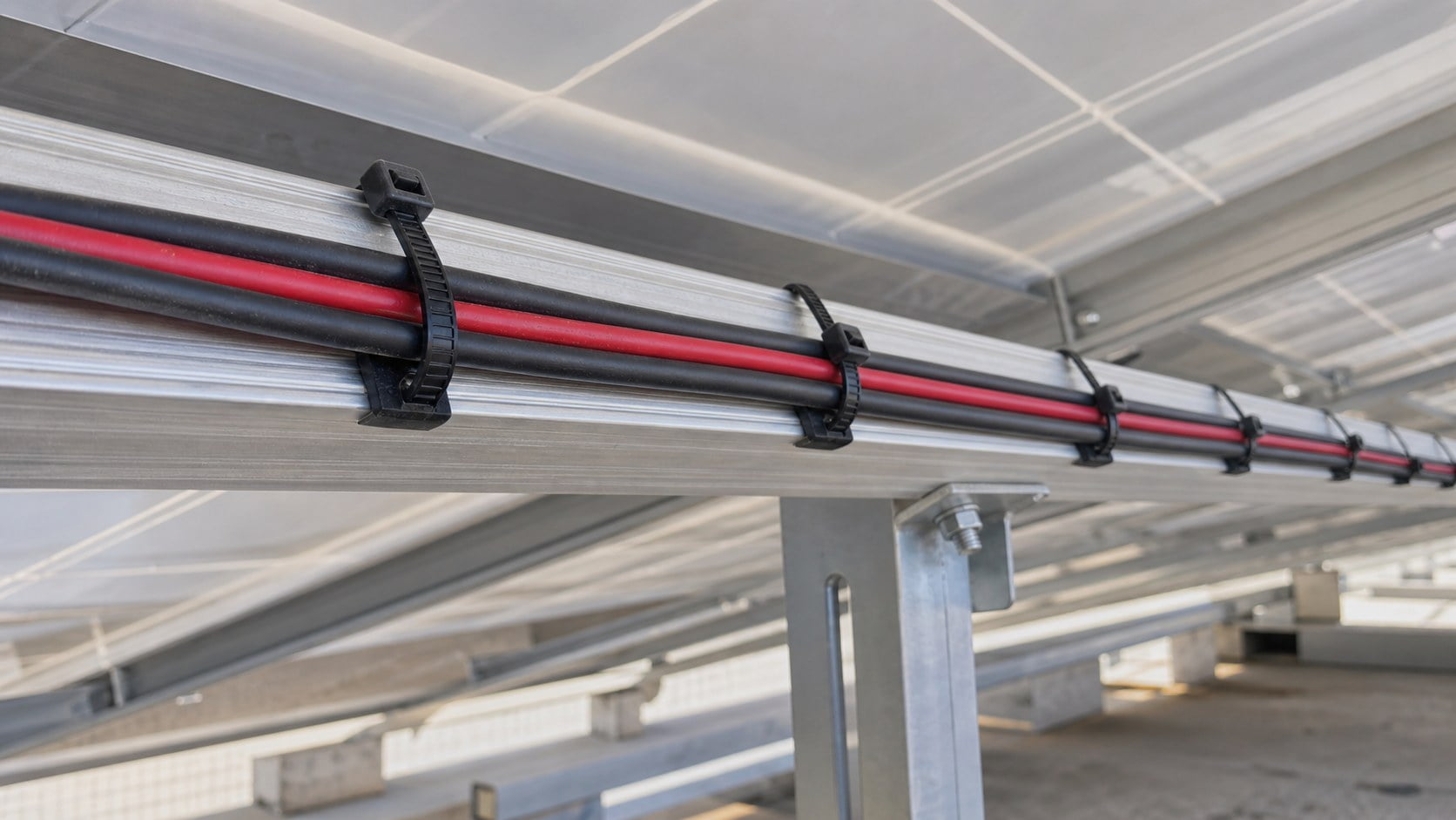 PV cables routed along aluminum rail with black UV cable ties under solar modules
