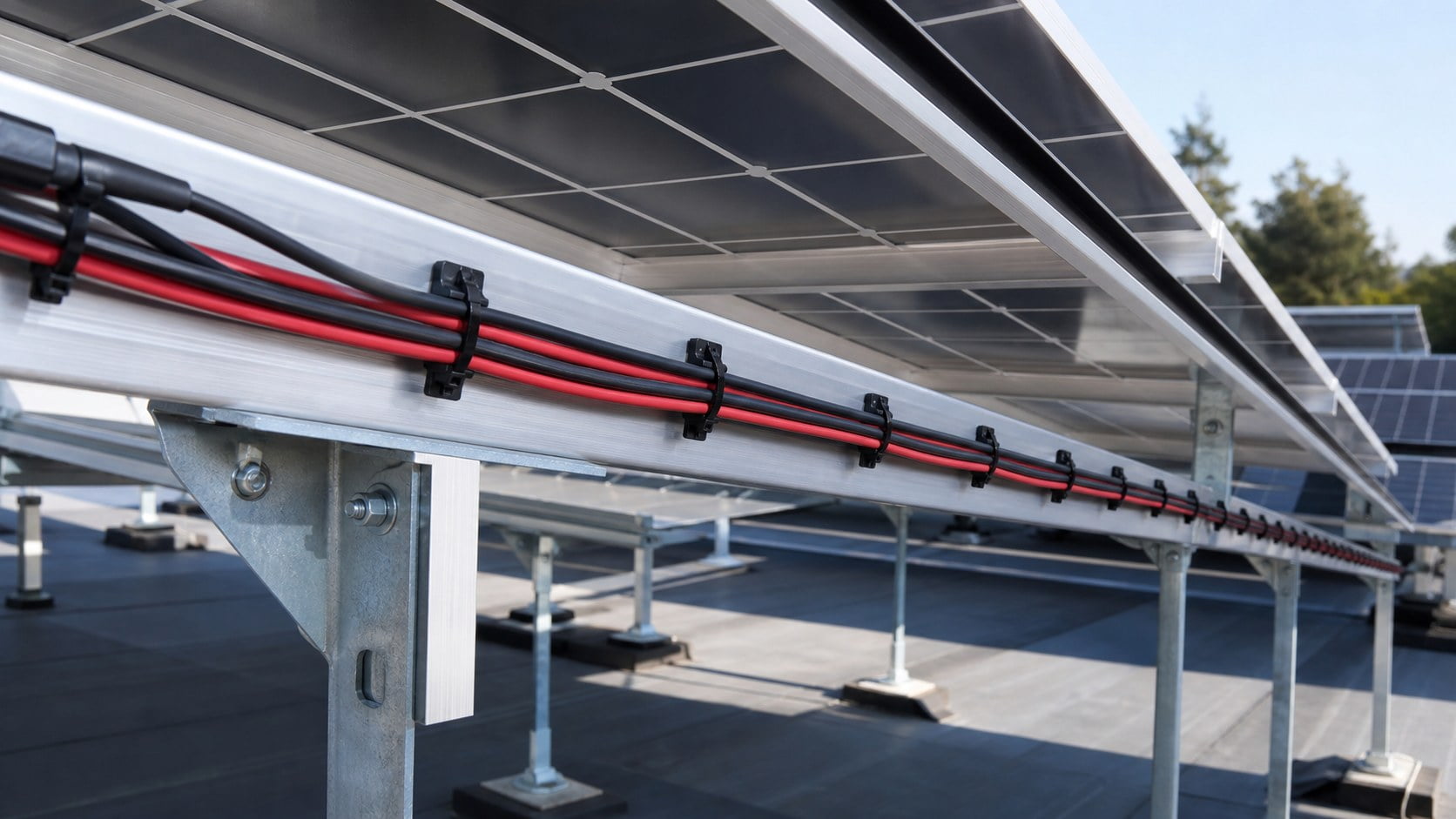 Completed solar PV cable route under panels with repeated cable ties and clips on aluminum rail