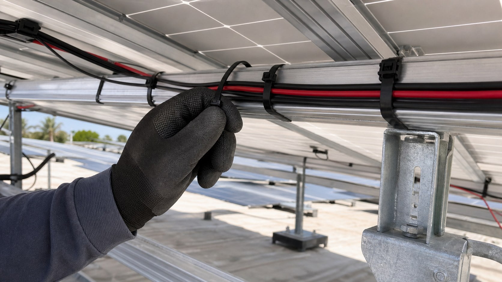 Installer fastening black UV nylon cable ties and PV cable clips under solar panel rail