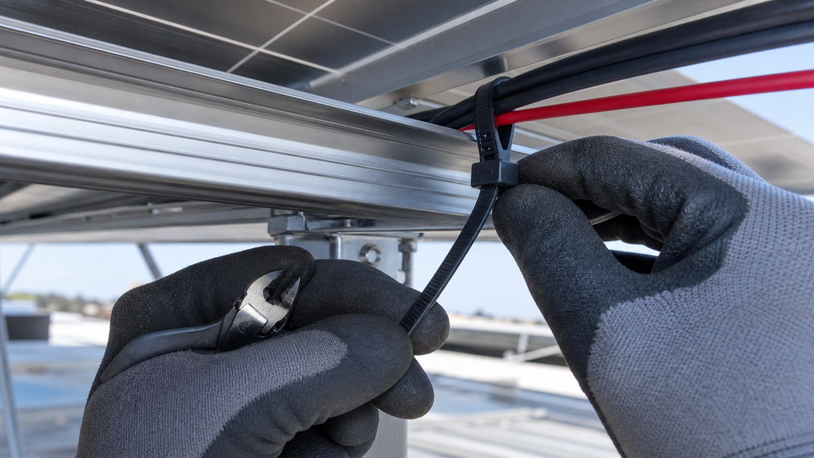 Installer tightening black UV cable tie around PV cables and aluminum solar rail