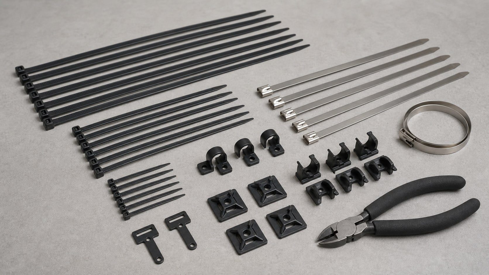 Solar cable management kit with UV nylon cable ties stainless steel ties PV clips mounts and cutter