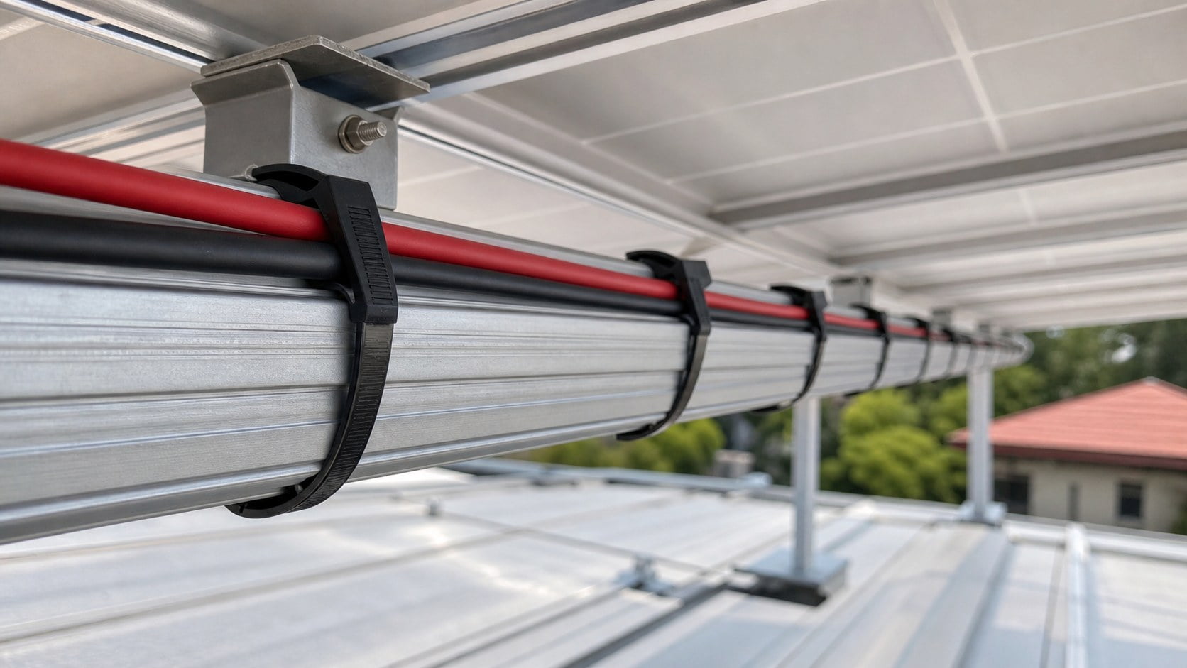 Solar PV cables secured to aluminum rail with UV cable ties and cable clips