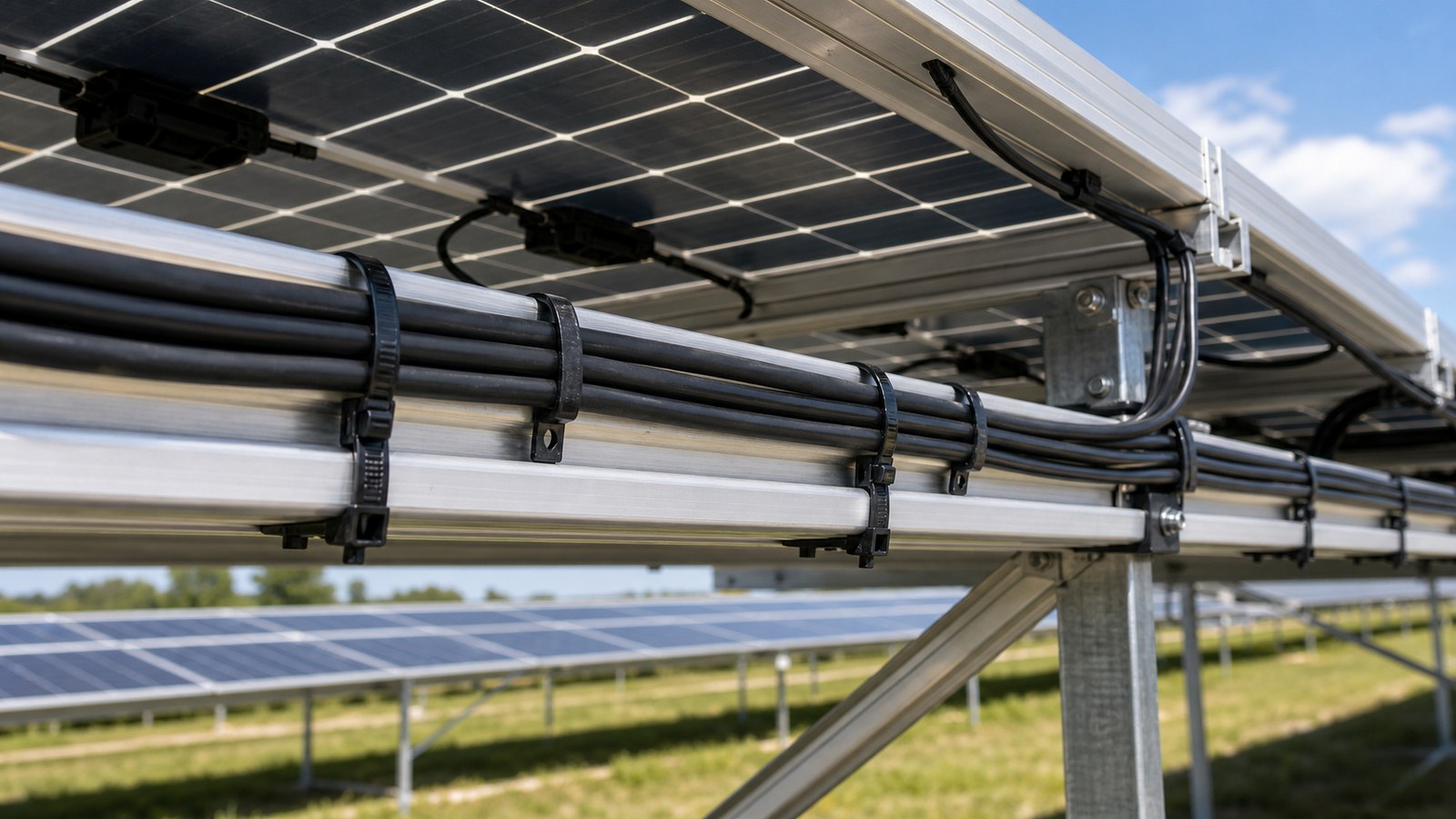 Solar PV under-panel cable routing application visual with cable ties along aluminum rail