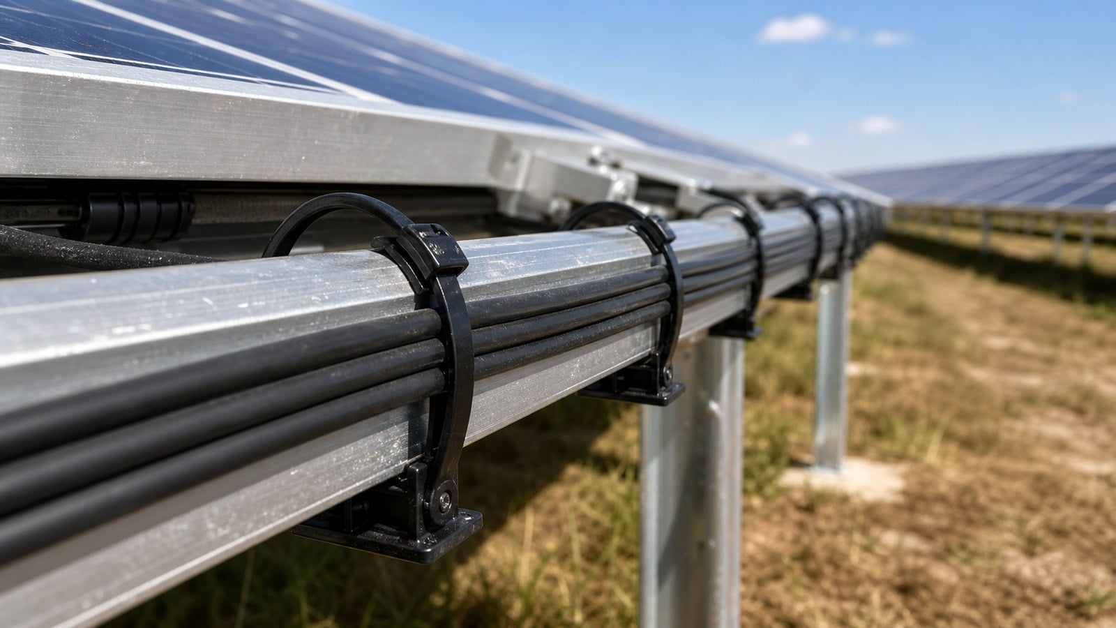 Solar farm cable bundle fixed along a rail with black outdoor cable ties