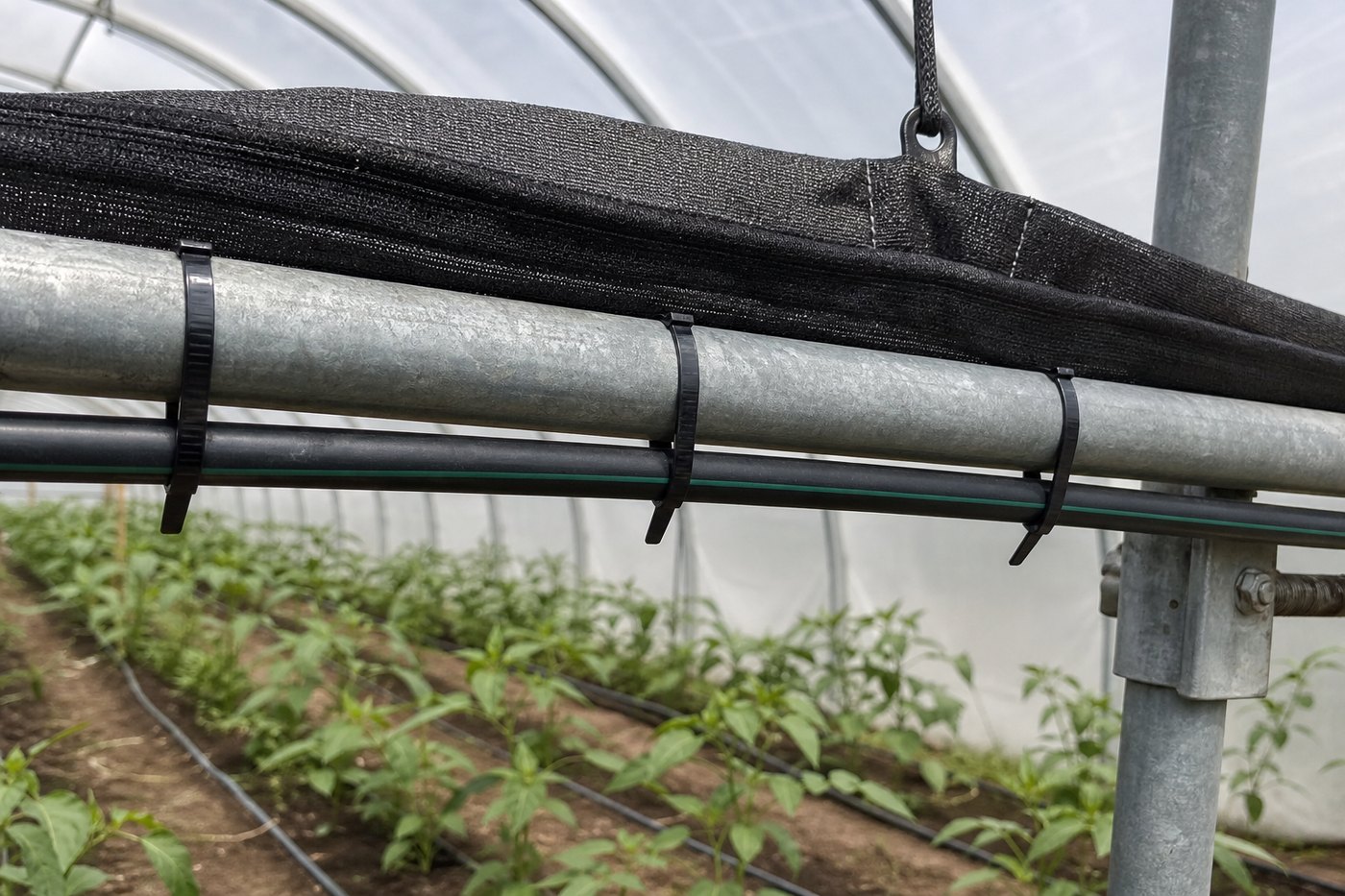 Greenhouse irrigation and shade net support fixed with black UV nylon cable ties