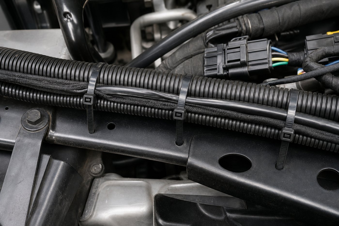 Automotive wire harness and corrugated loom secured with black nylon cable ties in engine bay