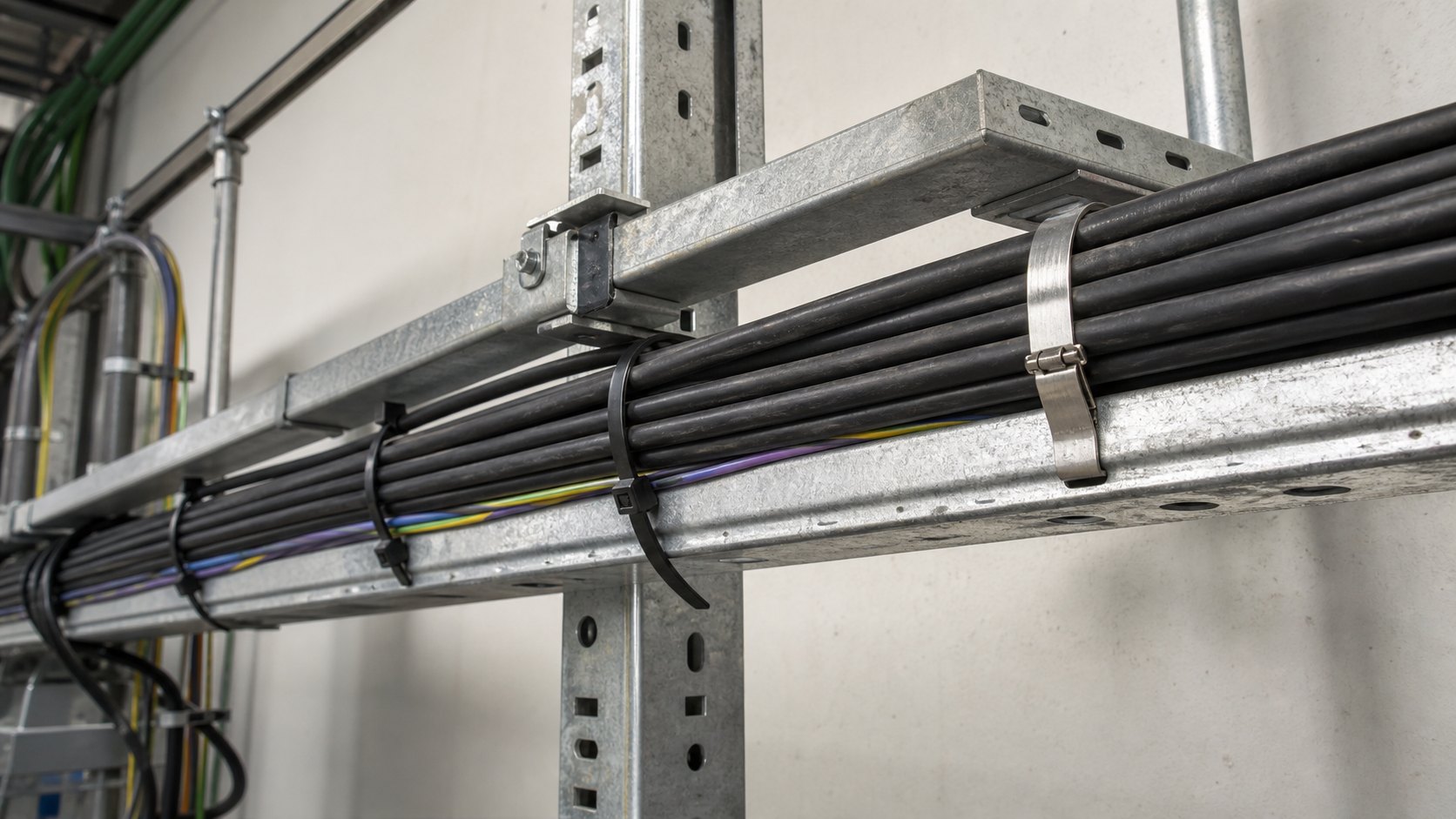Industrial cable tray cable management with nylon and stainless steel cable ties