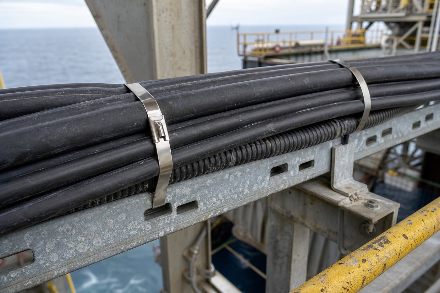 Marine offshore cable tray with stainless steel cable ties securing black cable bundles
