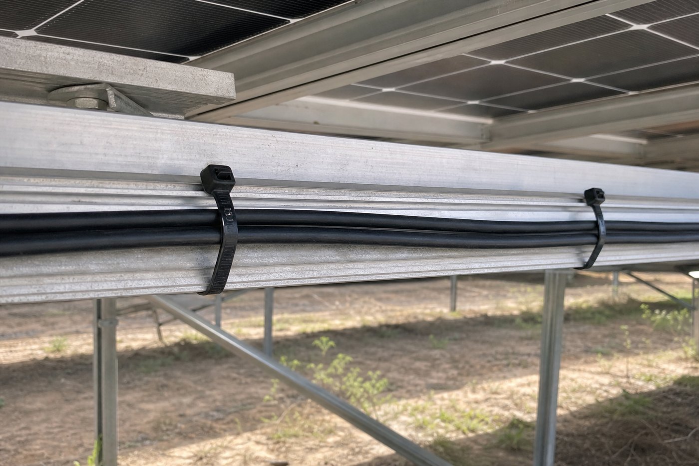 Solar PV cable management under panels with black UV nylon cable ties on aluminum rail
