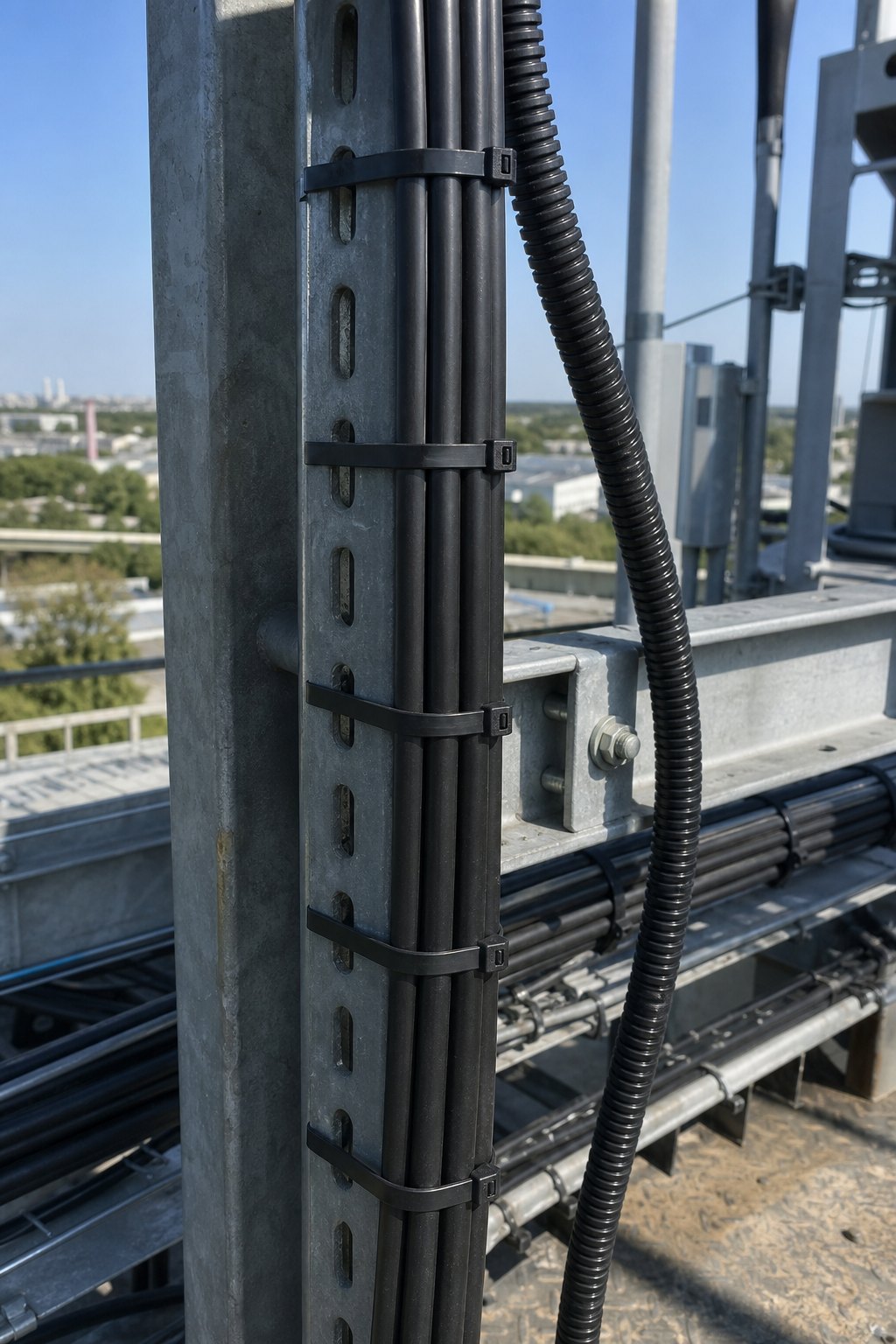 Telecom rooftop feeder cable routing secured with black UV nylon cable ties to galvanized support