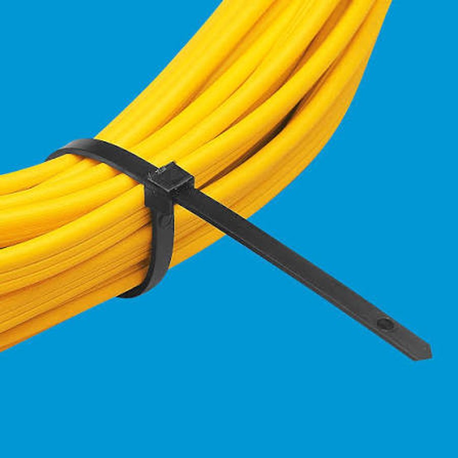 Cable bundle secured by one black nylon cable tie product demonstration
