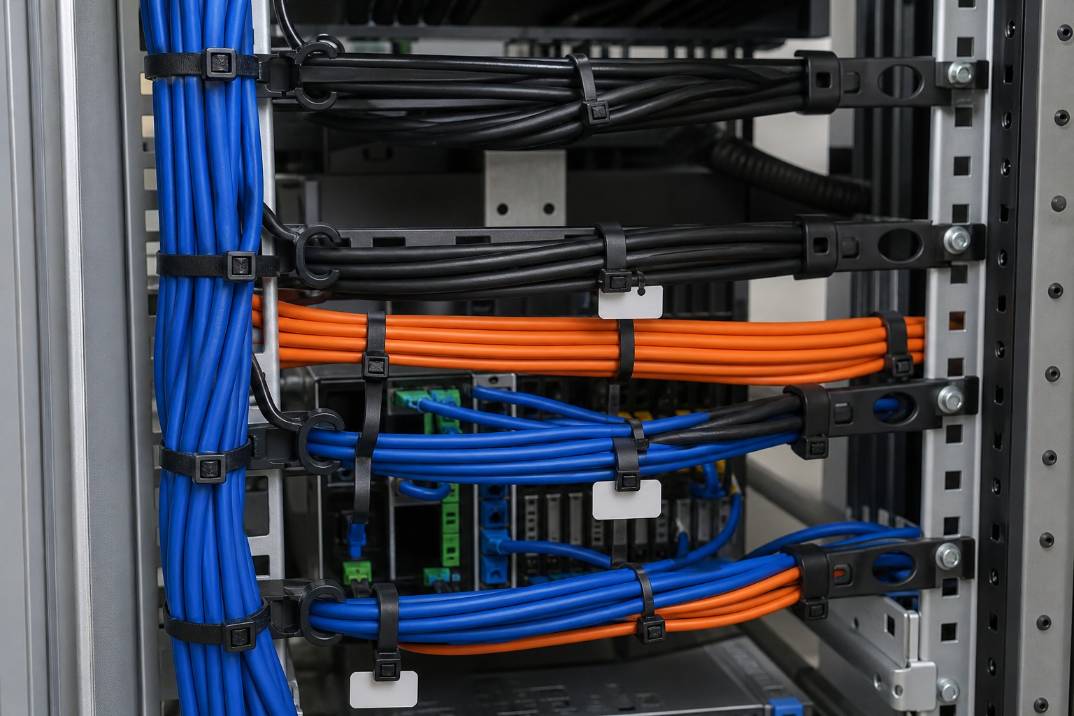 Telecom cabinet cables organized with black cable ties and blank marker ties