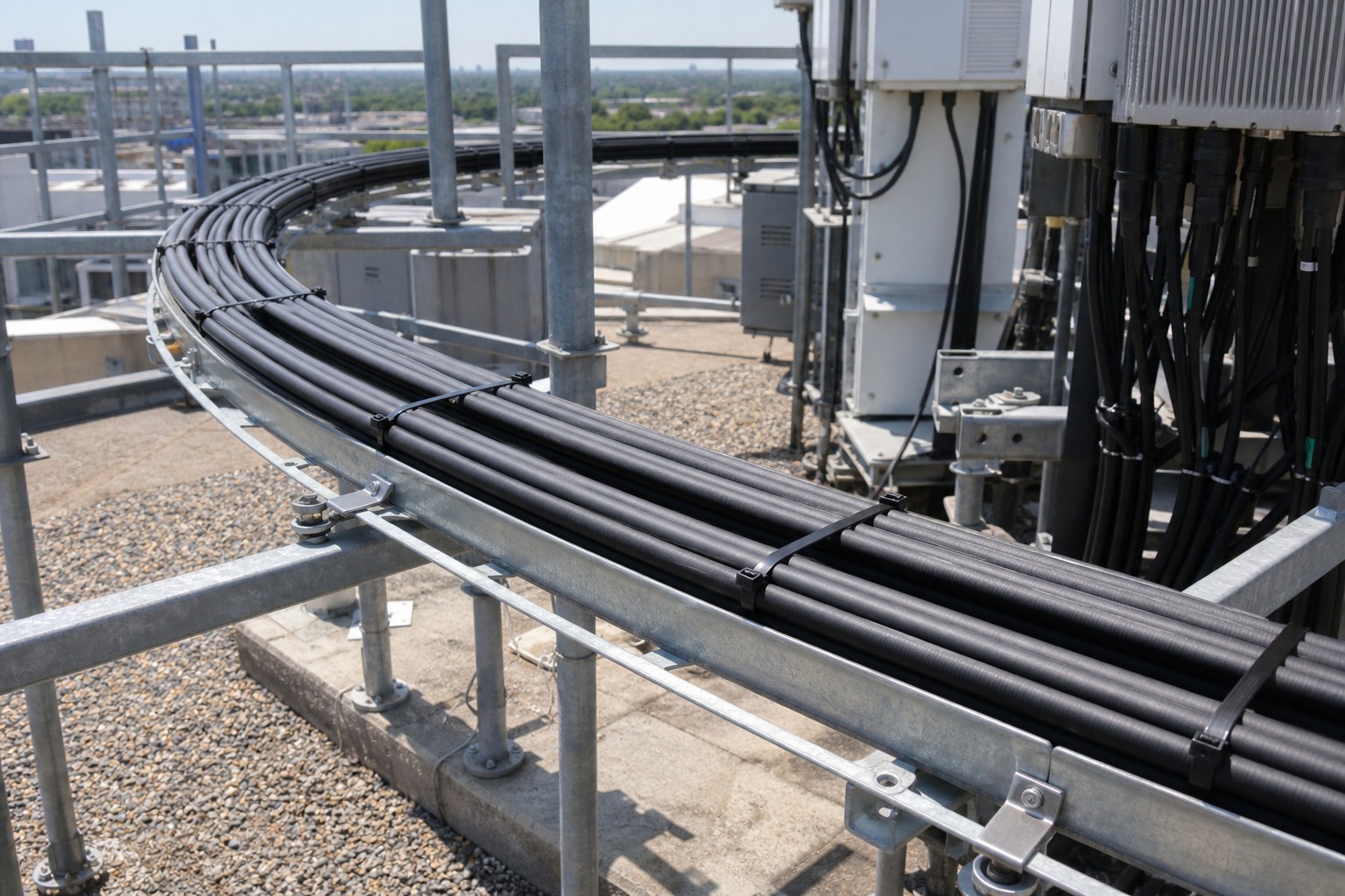 Completed telecom rooftop feeder cable route secured with repeated black cable ties on galvanized tray