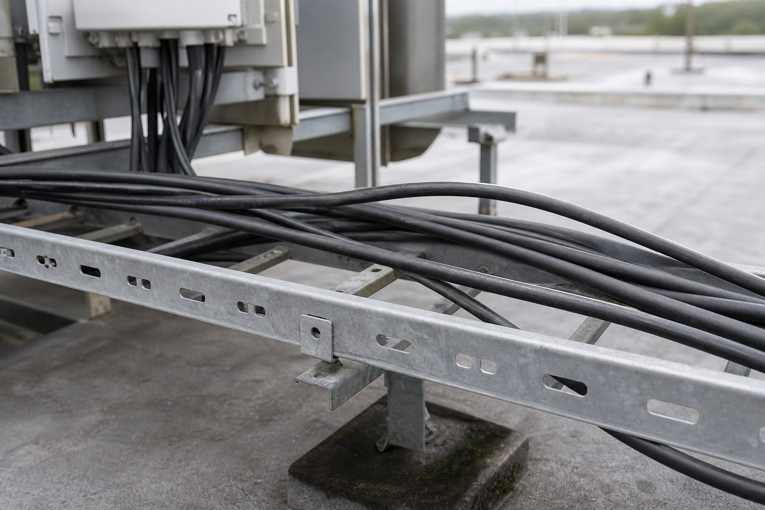 Loose telecom feeder cables sagging across rooftop galvanized cable tray before fixing