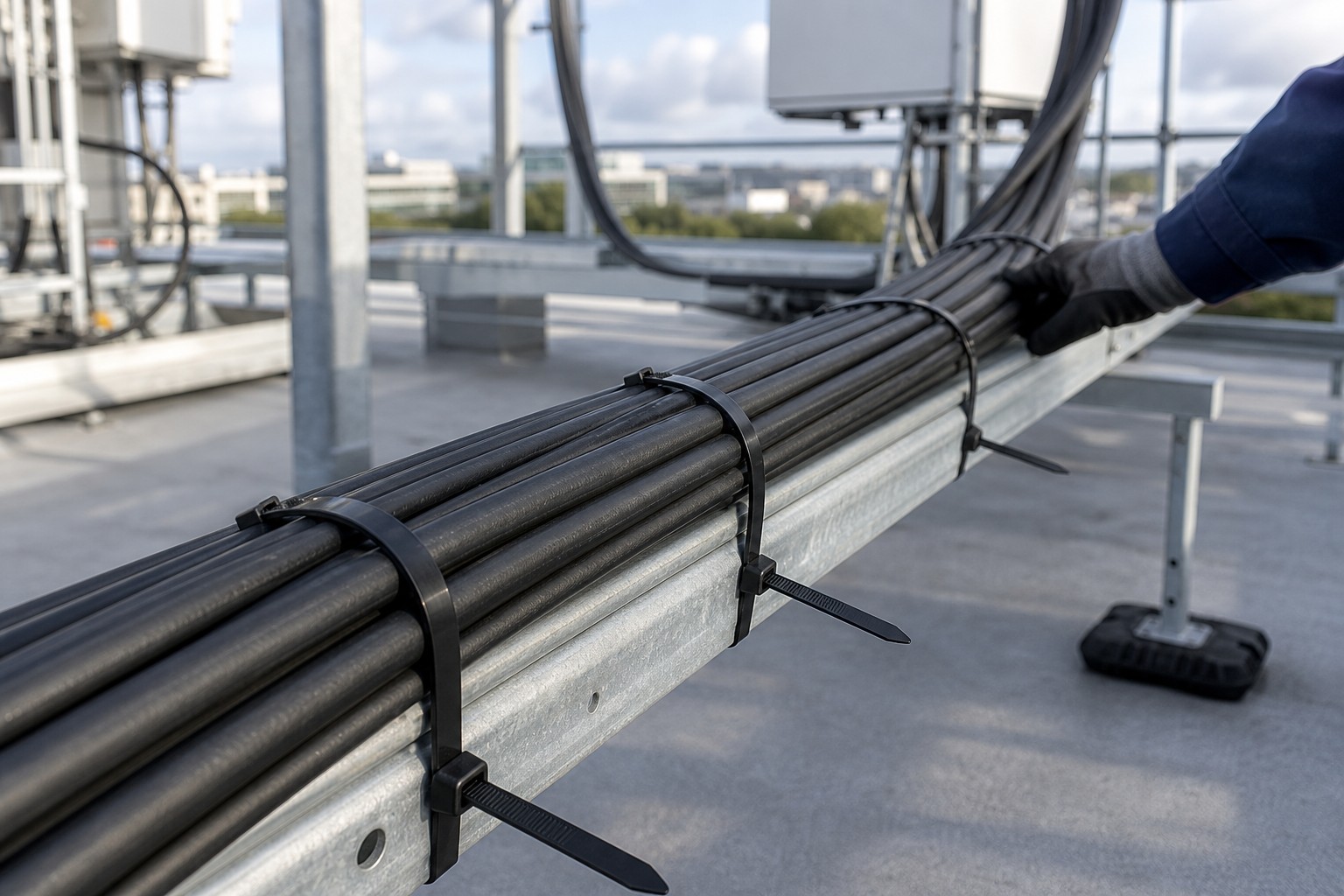 Black UV cable ties securing telecom feeder cables on rooftop galvanized cable tray