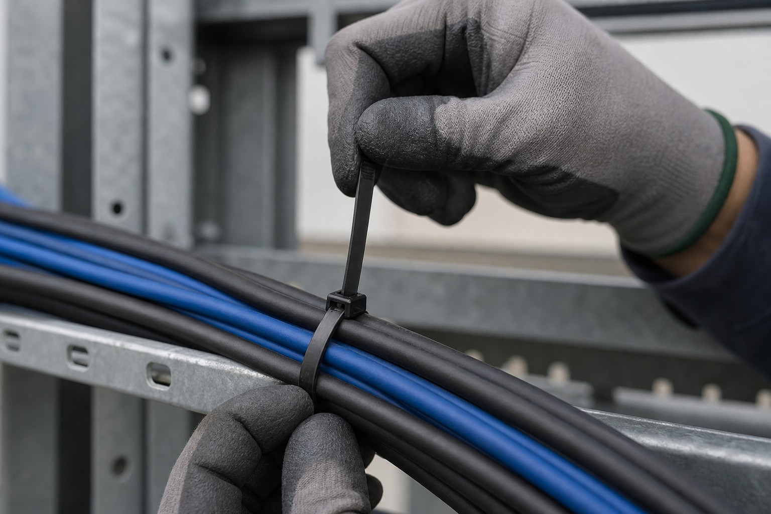 Technician threading black nylon cable tie through single locking head around telecom cable bundle