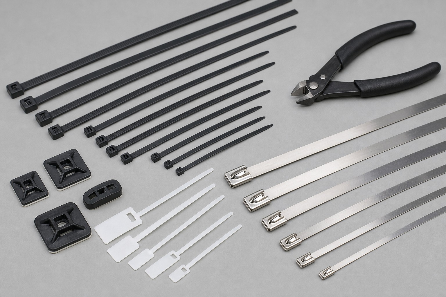 Telecom cable tie kit with black nylon ties stainless steel ties marker ties mounts and cutter