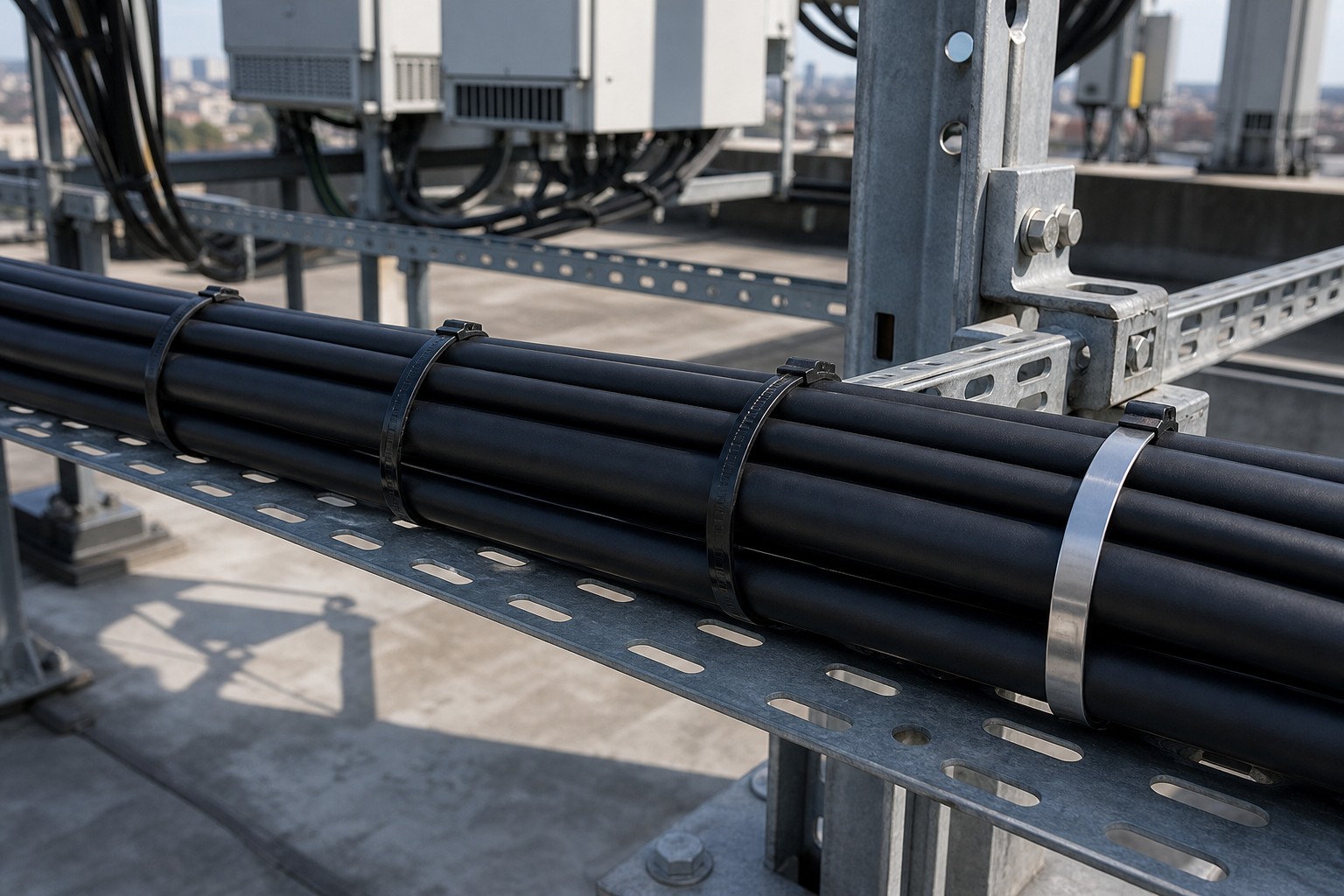 Telecom feeder cable bundle fixed with black nylon ties and stainless steel cable tie on galvanized tray